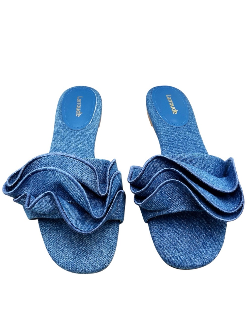 🆕{Larroude} Ivy Denim Ruffle Slide Sandals - Picture 14 of 15
